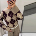 Argyle Jacquard Knit Pullover Women Khaki Crew Neck Drop Shoulder Flare Sleeve Sweater Autumn Winter Vintage Casual Fashion Top
