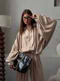 Casual Loose Coats Pants Set Women Full Sleeve Lapel Zippers Solid Coat Long Straight Pleated Pant Sets 2026 Autumn Lady Suit
