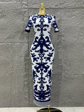 Sexy Short Sleeve Jacquard Blue Bandage Bodycon Long Dress Women Celebrity Elegant Evening Club Party