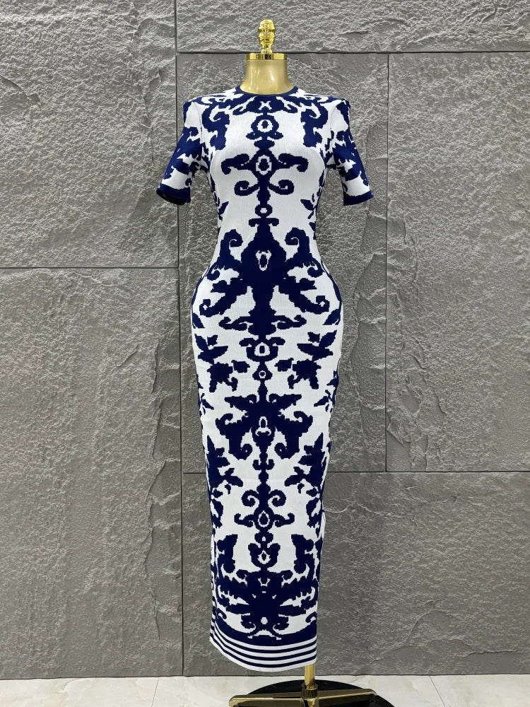 Sexy Short Sleeve Jacquard Blue Bandage Bodycon Long Dress Women Celebrity Elegant Evening Club Party