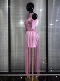 Pink Skyblue Women Sexy O-Neck Bodycon Bandage Long Tassels Gowns Dress Elegant Evening Party Birthday Homecoming Outfit