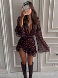 Elegant Flora Painted Ruffle Mini Dress Women Chic Full Sleeve Deep V-neck Slim A-line Short Robe 2026 Lady Vacation Street Gown