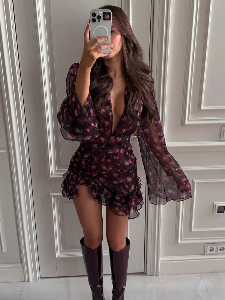 Elegant Flora Painted Ruffle Mini Dress Women Chic Full Sleeve Deep V-neck Slim A-line Short Robe 2026 Lady Vacation Street Gown
