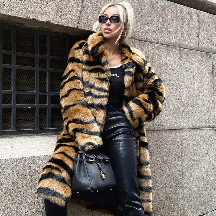Women Tiger Striped Faux Fur Long Coat Lapel Fluffy Plush Luxury Oversized Overcoat With Side Pockets Winter Warm Outerwear 2026