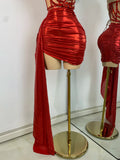 Sparkly Red Diamonds Asymmetrical Two Pieces Dress Design 2025 Women Sexy Strapless Top Skirt Suits Dance Performance Outfit
