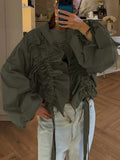 Vintage Drawstring Women Shirts Lapel Collar Long Sleeve Loose Shirt for Street Gathering Wear Fashion Autumn New