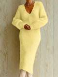 Women Knit Midi Dresses V Neck Bubble Sleeve Fuzzy Bodycon Elegant Party Daily Outfit Autumn 2026