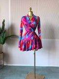 Women Tie Dye Print Flare Long Sleeve Wrap V-neck with Sashes Ruffle Dress 2026 Elegant Vacation Party Birthday Dresses