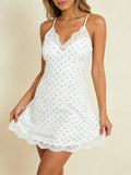 White Cozy Homewear Lace Trim Polka Dot Mini Slip Dress for Women Slim Satin Fabric Nightgown for Pajama Parties
