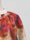 Vintage Loose Two Piece Set for Women V Neck Puff Sleeve Spliced Lace Up Top High Waist Fold Printing Skirt Suit Female New