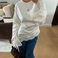 Women Lace Patchwork Satin Top Solid O-neck Back Lace Up Slim Irregular T-shirts Pullover Female Spring Daily Casual Outwear