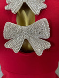 High Quality Red Bodycon Dress with Crystal Bow Cutout and Puff Sleeves Versatile for Celebrations and Gatherings