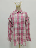American Streetwear Pink Plaid Shirt for Women Lapel Removable Designer Long Sleeve Casual Shirts Female Fashion