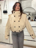Women Stand Collar Double Breasted Cropped Trench Jacket Long Sleeve Button Cuff Loose Short Outerwear Fashion Street Daily Wear