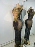 Sparkly Rhinestones Gold Black Long Dress Women Evening Prom Birthday Gown Sexy Transparent Performance Costume Stage Wear