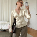 Elegant Summer Tops Women's Fashion Solid V-Neck Lace-Up Long Sleeve Tops New Chic Casual Office Lady Women's T-Shirts