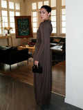 Irregular Brown Lace Uppleated Maxi Dresses Elegant Women's Full Sleeve Slim Fit Patchwork Robes 2025 New Evening Party Gowns