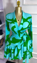 Women Tie Dye Print Flare Long Sleeve Wrap V-neck with Sashes Ruffle Dress 2026 Elegant Vacation Party Birthday Dresses