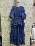 Elegant Chiffon Layered Ruffles Design Dress for Women Short Sleeves Waist Belt Spliced Diamonds Accent for Afternoon Tea