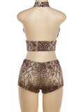 Snake Pattern Print 2 Piece Set Woman Halter Backless Crop Tops+Skinny Peach Hip Shorts Hot Girls Sexy Fashion Suits
