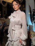 Women's Shining Tiered Ruffle Long Dress Elegant Turtleneck Lantern Sleeve High Waist Maxi Dress With Scarf Lady Evening Robes