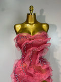 Women Strapless Sparkly Diamonds Ruffled Slit Long Dress Birthday Evening Party PhotoShoot Mesh See Through Nightclub Stage Wear