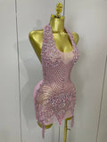 Sexy Sparkly Rhinestones Halter Backless Mesh Velour Short Dress Women Evening Prom Celebrate Birthday Party Stage Wear