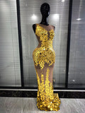 Sparkly Golden Sequiend Women Sleeveless Sexy O-Neck Mesh Bodycon Gowns Dress Elegant Evening Party Celebrity Red Carpet Dress