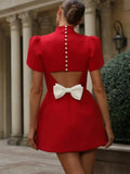Elegant Bow Hollow Out Mini Dress Women Red Short Sleeve Sexy A-line Dresses Female 2025 Fashion Party Evening Robe White Black