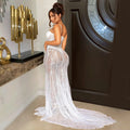Women Spaghetti Straps Mermaid Evening Gown Wedding Guest Dress Sexy Sheer Padded Lace Backless Formal Party Maxi Dresses