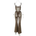 Sexy See Through 2 Piece Set Women Sexy Strapless Bodysuit Tops+Flare Pants Matching Summer Midnight Clubwear Outfits