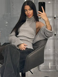 Women's Ribbed Knit Turtleneck Cutout Shoulder Halter Vest Long-Sleeved Shawl 2-Piece Set Slim Y2K Sexy Street Autumn Top