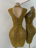 Gold Party Evening Short Dress Sparkly Diamonds Luxury Elegant Mesh See Throught Cocktail Birthday Clothing Night Club Show Wear