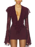 Sexy Club Burgundy Lace Plunge Bodysuit for Women Ruffled Design Long Flare Sleeves Slimming Bodysuits for Luxury Dinners