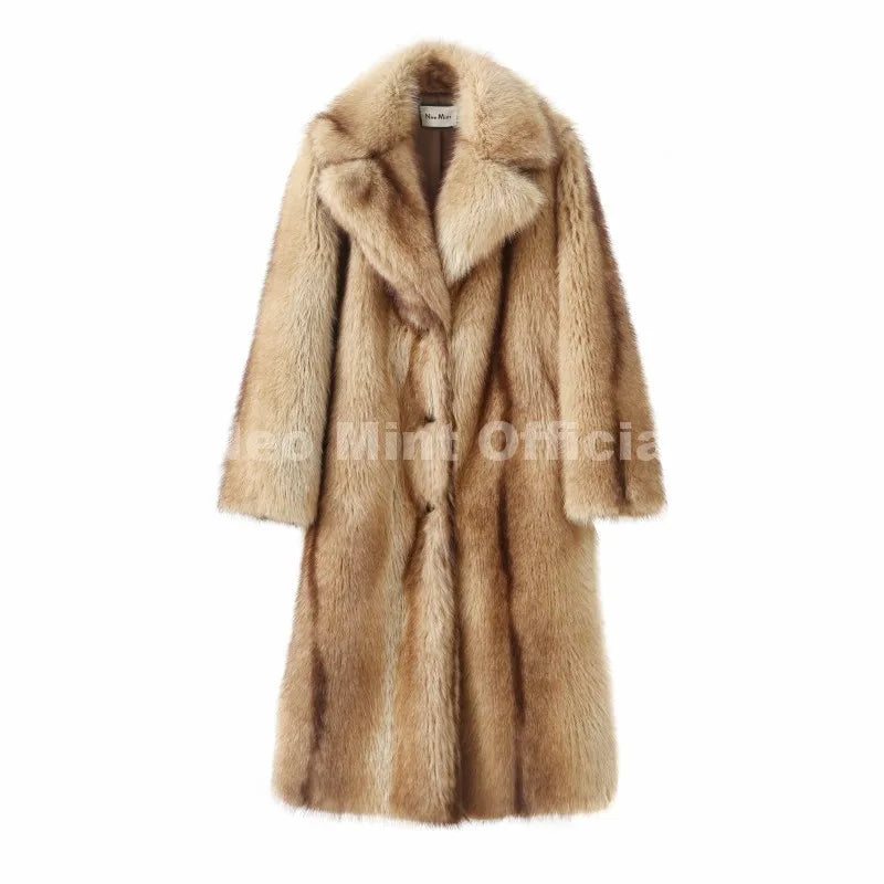 Runway Fashion Yellow Striped Maxi Long Faux Fur Coat Jacket Women Winter Brand Fluffy Fox Fur Overcoat Girls Outerwear