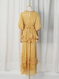 Elegant Chiffon Layered Ruffles Design Dress for Women Short Sleeves Waist Belt Spliced Diamonds Accent for Afternoon Tea