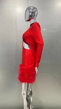 2026 Luxury Ostrich Feather Glam Hollow Red Bandage Dress Christmas Party Dinner Performance Wear Cocktail Formal Evening Gown