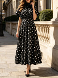 High Neck Midi Maxi Dress for Women 3D Floral Applique Cap Short Sleeve A Line Flowy Leopard Polka Dot for Casual Shopping