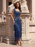 Women Sleeveless Sexy Square Collar Tassel Diamonds Bodycon Bandage Dress Elegant Evening Party High Quality Dress
