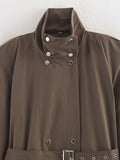 Casual Daily Wear Coffee Trench Coat for Women Stand Collar Buttons Design Belt Accent Oversized for Street Style