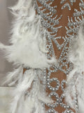 Women Sparkly Rhinestone Feathers Sleeveless O Neck Bodycon Long Dress Wedding Guest Gowns Luxury Birthday Evening Party Dress