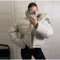 Women Hooded Stand Collar Cropped Puffer Jacket Zip Snap Button Loose Slim Short Quilted 2026 Casual Winter Warm Outerwear Coat