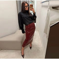 Women 2‑Piece Outfit Glossy Waxed Faux Leather Zip‑Up Jacket And High Waist Split Midi Skirt Set Fall Streetwear Matching Suit