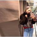 Women's Brown Faux Fur Cropped Jacket Fashion Stand Collar Single Breasted Pocket Casual Coat Lady 2026 Spring Chic Outerwear