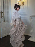 Women's Shining Tiered Ruffle Long Dress Elegant Turtleneck Lantern Sleeve High Waist Maxi Dress With Scarf Lady Evening Robes
