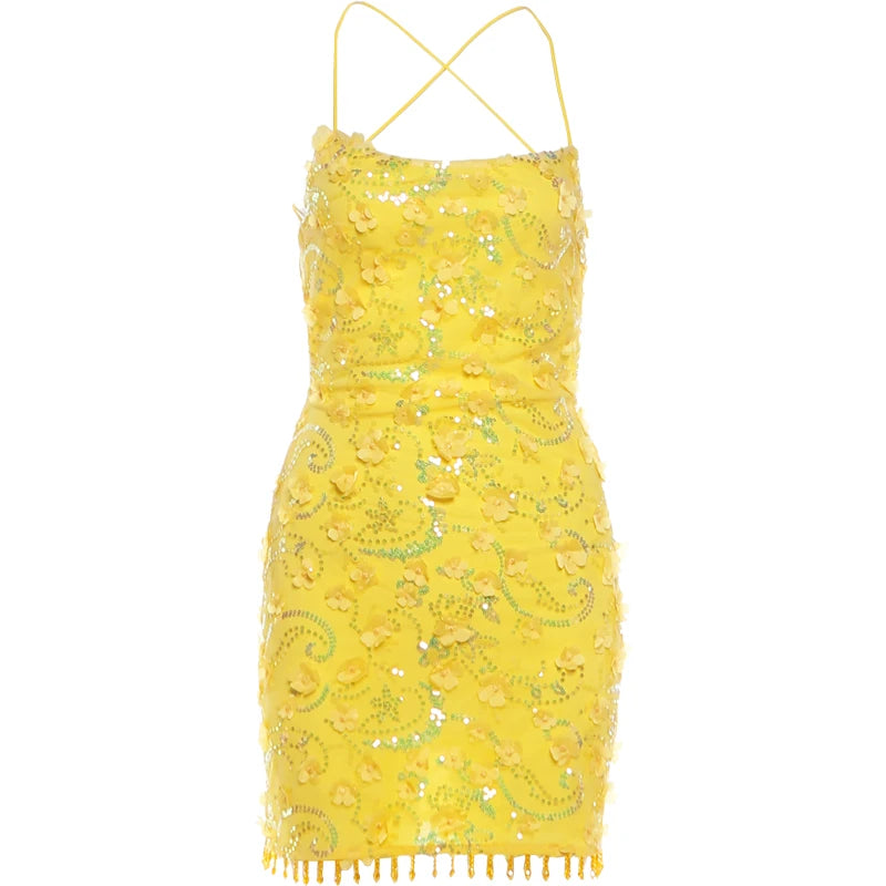 Beaded Tassel Dress Women Sequin 3d Flower See Through Backless Sleeveless Sexy Beach Party Midnight Mini Bodycon