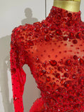 New Sexy Sparkling Red Crystals Feathers Long Sleeve Mermaid Maxi Dress Women Wedding Celebrate Luxury Birthday Party Prom Gown