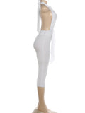 Knot Decoration Playsuit Women Halter Bandage Backless Tassel Folds Deep v-Neck Seeveless Elasticity Sexy Romper