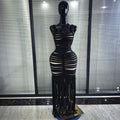 Black Color Women Sleeveless Sexy Square Collar Bodycon Fringes Bandage Long Dress Elegant Evening Party Celebrate Outfit