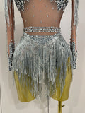 Women Sparkly Rhinestone Sequin Tassel Stretch Bodysuits 2025 New Arrival Birthday Party Nightclub Dj Stage Performance Costume